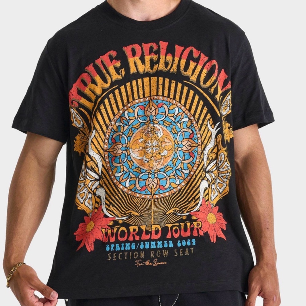 New Authentic Men's True Religion Tee Rock & Roll Size Large Black T Shirt